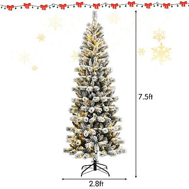 Costway 7.5FT Pre-Lit Hinged Christmas Tree Snow Flocked w/9 Modes Remote Control Lights