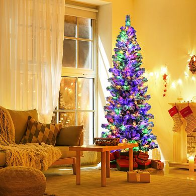 Costway 7.5FT Pre-Lit Hinged Christmas Tree Snow Flocked w/9 Modes Remote Control Lights