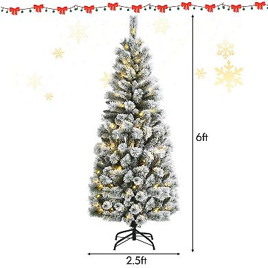 Costway 6FT Pre-Lit Hinged Christmas Tree Snow Flocked w/9 Modes Remote Control Lights