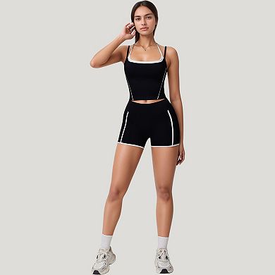 Women's Double Strap Square Neck Activewear Crop Top with Contrast Trim and Streamlined Athletic Fit