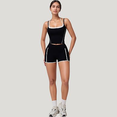 Women's Double Strap Square Neck Activewear Crop Top with Contrast Trim and Streamlined Athletic Fit