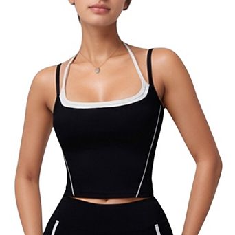 Women's Double Strap Square Neck Activewear Crop Top with Contrast Trim and Streamlined Athletic Fit