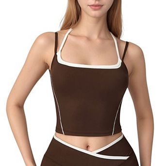 Women's Double Strap Square Neck Activewear Crop Top with Contrast Trim and Streamlined Athletic Fit