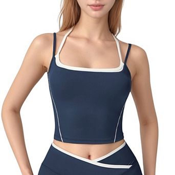 Women's Double Strap Square Neck Activewear Crop Top with Contrast Trim and Streamlined Athletic Fit