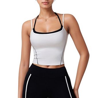 Women's Double Strap Square Neck Activewear Crop Top with Contrast Trim and Streamlined Athletic Fit