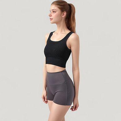 Women's Ribbed Seamless Sports Bra with Scoop Neck and Wide Straps