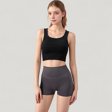 Women's Ribbed Seamless Sports Bra with Scoop Neck and Wide Straps