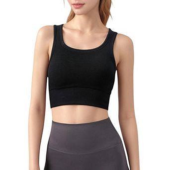 Women's Ribbed Seamless Sports Bra with Scoop Neck and Wide Straps
