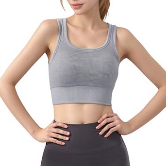 Women's Ribbed Seamless Sports Bra with Scoop Neck and Wide Straps