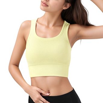 Women's Ribbed Seamless Sports Bra with Scoop Neck and Wide Straps