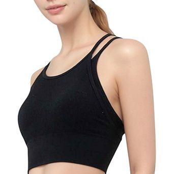 Women's Double Strap Crew Neck Ribbed Crop Top with Fitted Hem