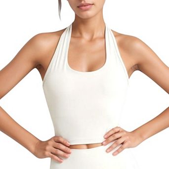 Women's Halter Neck Athletic Crop Top with Cross Back Detail and Stretch Fabric