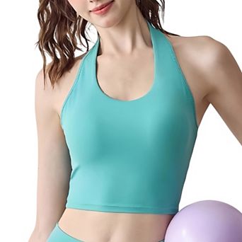 Women's Halter Neck Athletic Crop Top with Cross Back Detail and Stretch Fabric