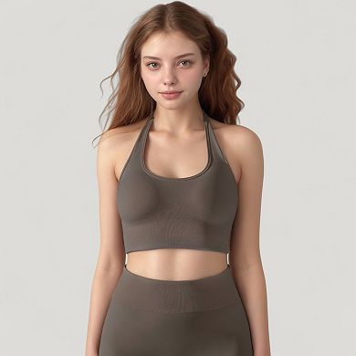 Women's Seamless Halter Neck Athletic Crop Top with Ribbed Detailing