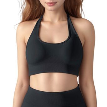 Women's Seamless Halter Neck Athletic Crop Top with Ribbed Detailing