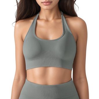 Women's Seamless Halter Neck Athletic Crop Top with Ribbed Detailing