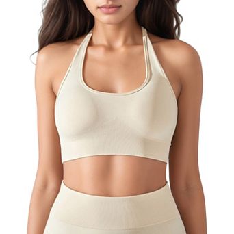 Women's Seamless Halter Neck Athletic Crop Top with Ribbed Detailing