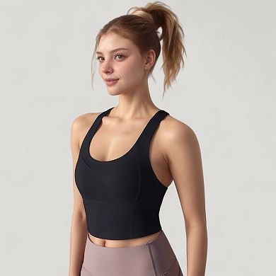 Women's Athletic Crop Tank Top with Cross Back Straps and Scoop Neckline