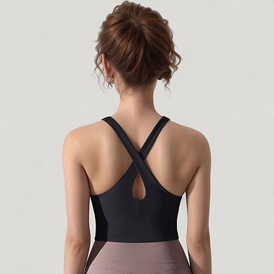 Women's Athletic Crop Tank Top with Cross Back Straps and Scoop Neckline