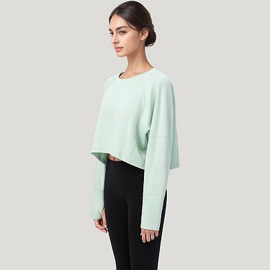 Women's Cropped Long Sleeve Active Top with Relaxed Fit and Crew Neck