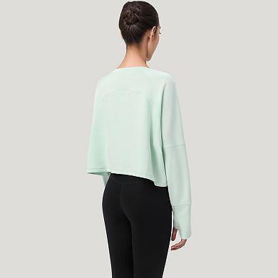 Women's Cropped Long Sleeve Active Top with Relaxed Fit and Crew Neck