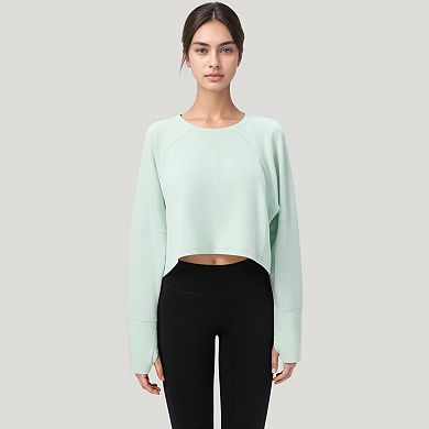 Women's Cropped Long Sleeve Active Top with Relaxed Fit and Crew Neck