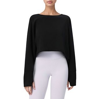 Women's Cropped Long Sleeve Active Top with Relaxed Fit and Crew Neck