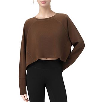 Women's Cropped Long Sleeve Active Top with Relaxed Fit and Crew Neck