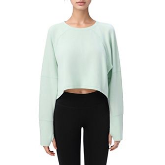 Women's Cropped Long Sleeve Active Top with Relaxed Fit and Crew Neck