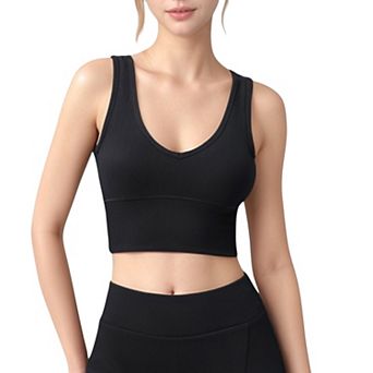 Women's Ribbed Sports Bra with Wide Straps and Scoop Neckline for Low to Medium Impact Activities