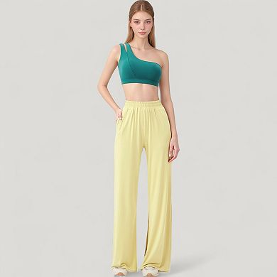 Women's Wide Leg Lounge Pants with Elastic Waistband and Side Slit Hem Detail