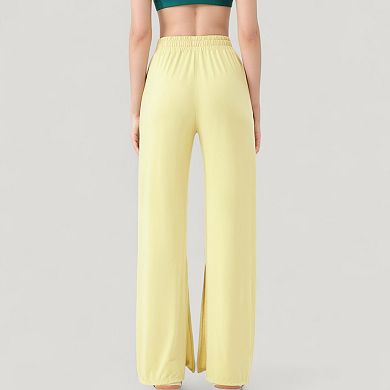 Women's Wide Leg Lounge Pants with Elastic Waistband and Side Slit Hem Detail