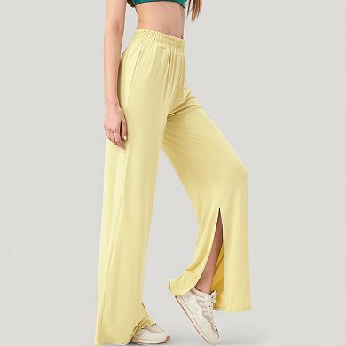 Women's Wide Leg Lounge Pants with Elastic Waistband and Side Slit Hem Detail