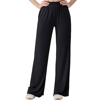Women's Wide Leg Lounge Pants with Elastic Waistband and Side Slit Hem Detail