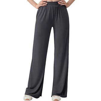 Women's Wide Leg Lounge Pants with Elastic Waistband and Side Slit Hem Detail