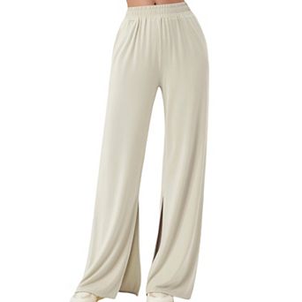 Women's Wide Leg Lounge Pants with Elastic Waistband and Side Slit Hem Detail