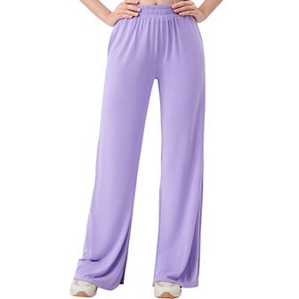 Women's Wide Leg Lounge Pants with Elastic Waistband and Side Slit Hem Detail