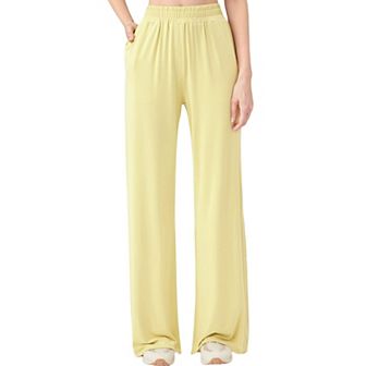 Women's Wide Leg Lounge Pants with Elastic Waistband and Side Slit Hem Detail
