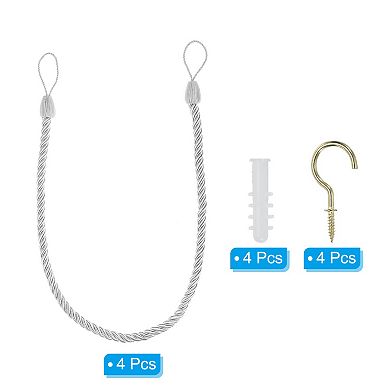 Curtain Tiebacks Ropes, 4Pcs Decorative Tie Backs Braided Curtain Holdback Cord w Screw Hooks, Bolts