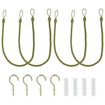 Curtain Tiebacks Ropes, 4 pc Decorative Tie Backs Braided Curtain Holdback Cord w Screw Hooks, Bolts