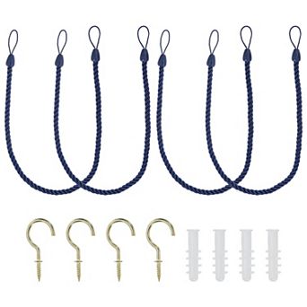 Curtain Tiebacks Ropes, 4 pc Decorative Tie Backs Braided Curtain Holdback Cord w Screw Hooks, Bolts
