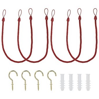 Curtain Tiebacks Ropes, 4 pc Decorative Tie Backs Braided Curtain Holdback Cord w Screw Hooks, Bolts