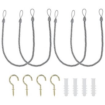 Curtain Tiebacks Ropes, 4 pc Decorative Tie Backs Braided Curtain Holdback Cord w Screw Hooks, Bolts