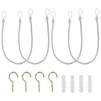 Curtain Tiebacks Ropes, 4 pc Decorative Tie Backs Braided Curtain Holdback Cord w Screw Hooks, Bolts