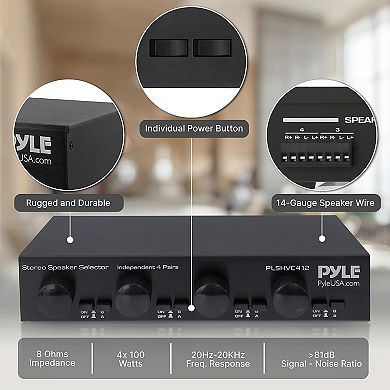 Pyle 4-Way Stereo Speaker Selector, High Power, Individual Volume Control, 4x100W