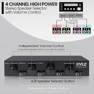 Pyle 4-Way Stereo Speaker Selector, High Power, Individual Volume Control, 4x100W