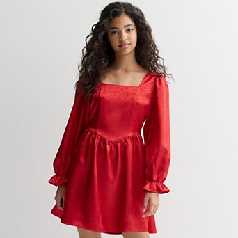 Girls 7-16 Poppies & Roses Long Sleeve Square Neck Dress