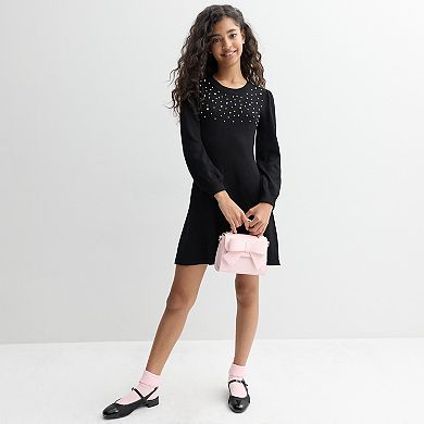 Girls Poppies & Roses Faux Pearl Sweater Dress