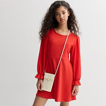 Girls 7-16 Poppies & Roses Long Sleeve Dress With Faux Pearl Purse