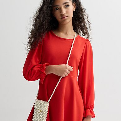 Girls 7-16 Poppies & Roses Long Sleeve Dress With Faux Pearl Purse
